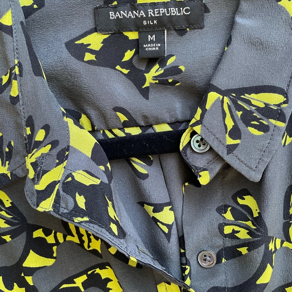 Silk Gray Yellow Pattern Button Down Long Shirt Br - image 2